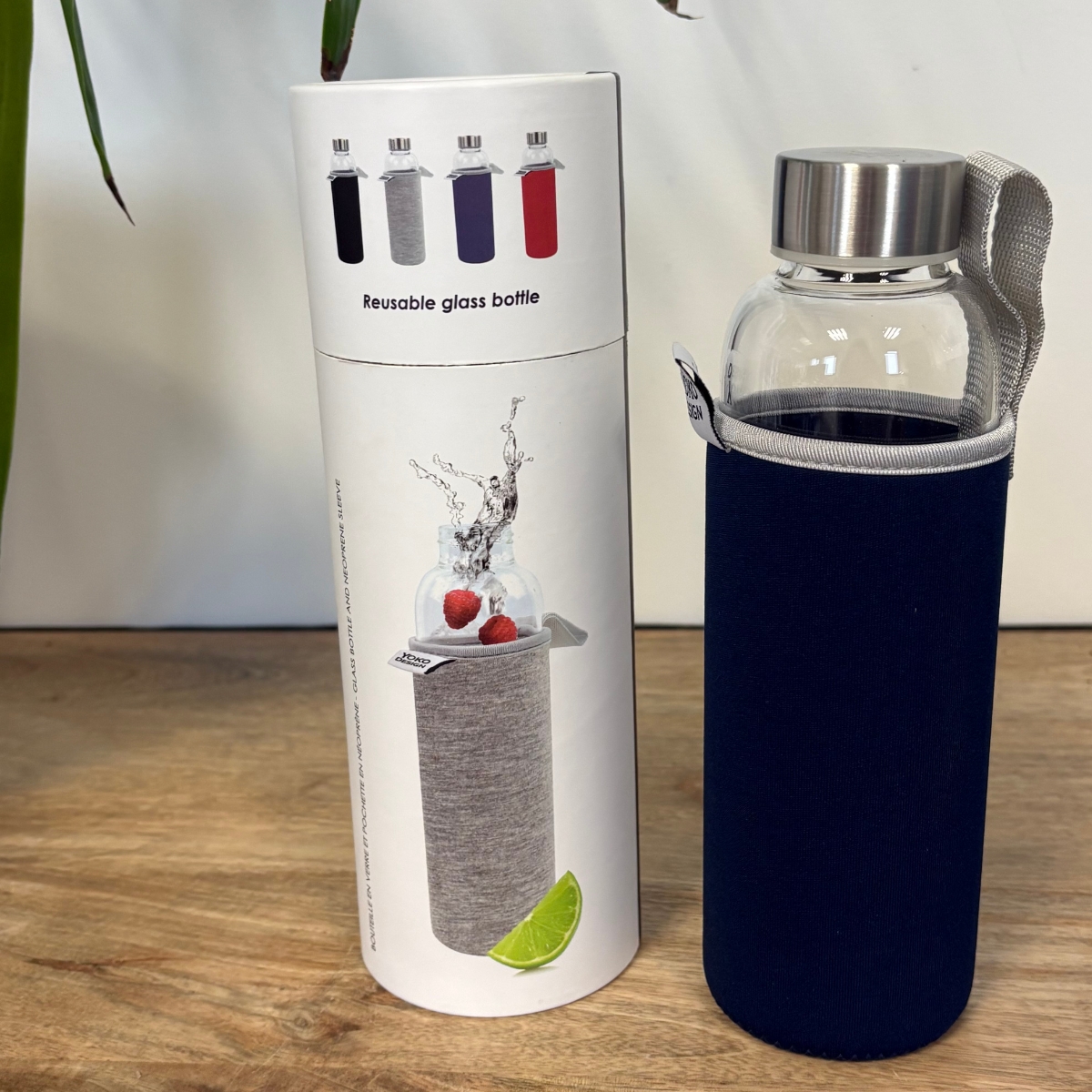 Gourde en verre avec pochette – Bleu marine