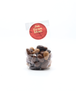 Amandes enrobées chocolat noir, lait et caramel – 150 g